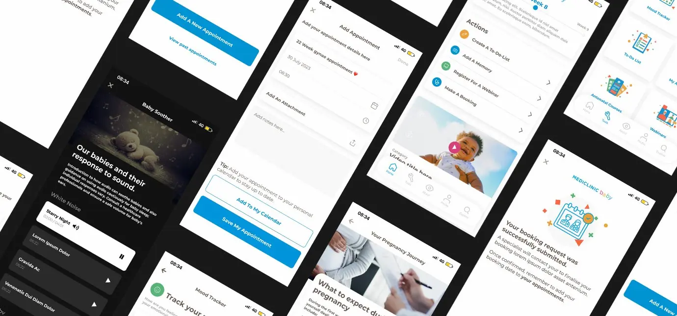 Mobile phones showing the Mediclinic Baby app